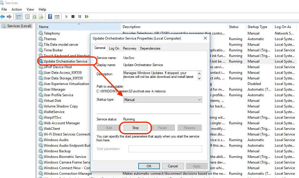 Désactiver Update Orchestrator Service in Windows 10