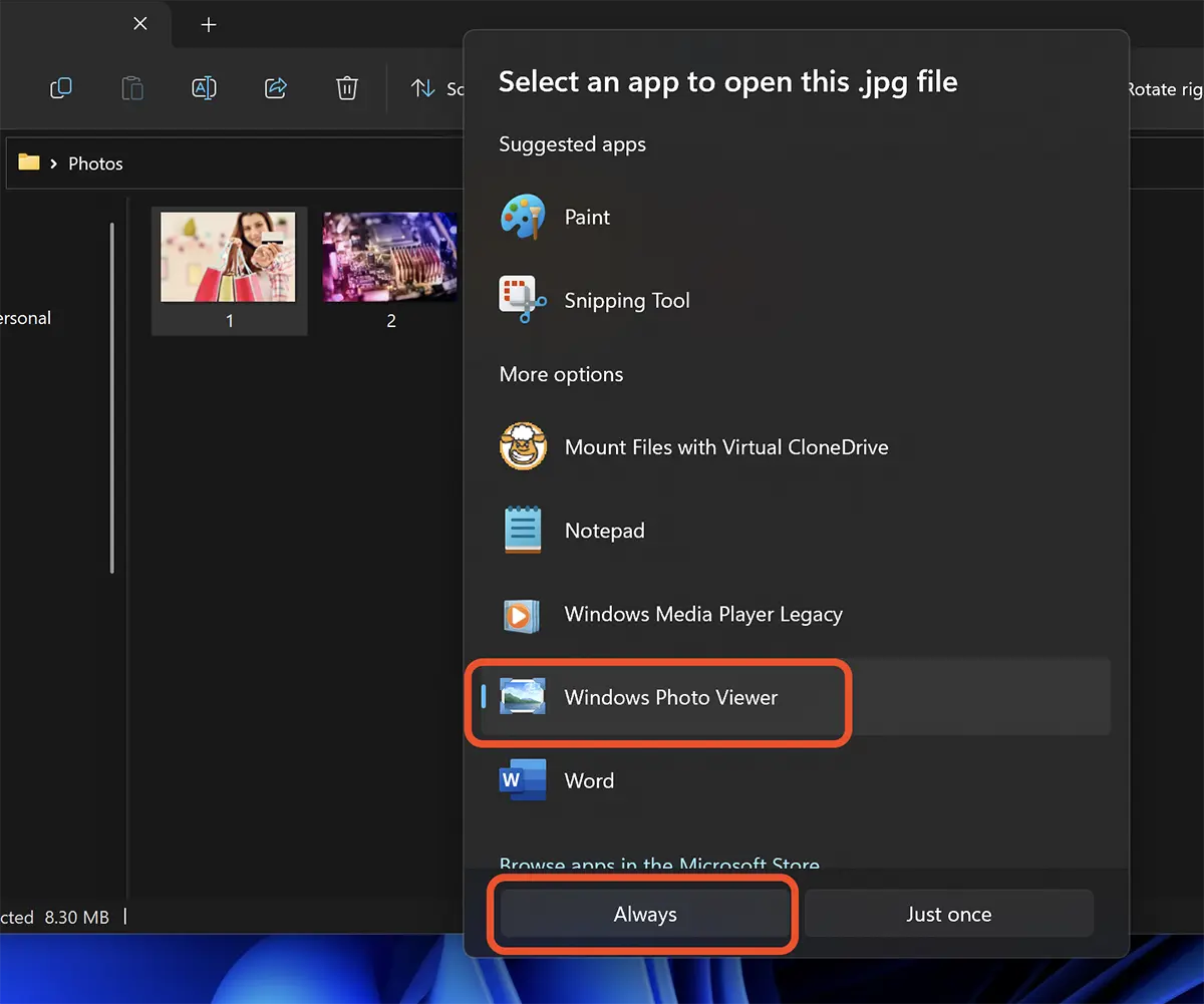 Windows photo Viewer Default Sovellus sisään Windows 11
