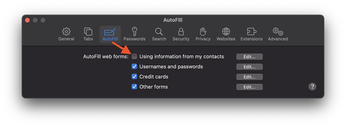 Kuidas keelata Safari Kontaktide automaatne täitmine
