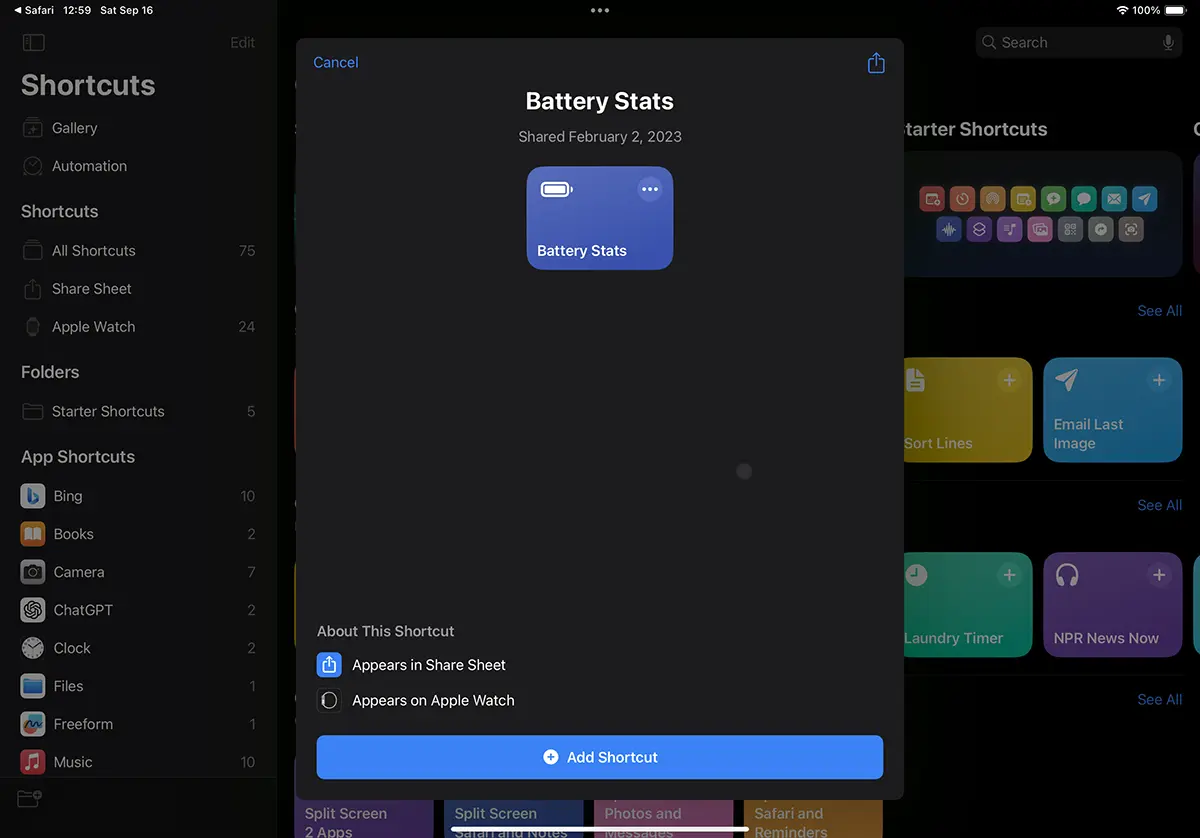 Add Battery Stats in Shortcuts