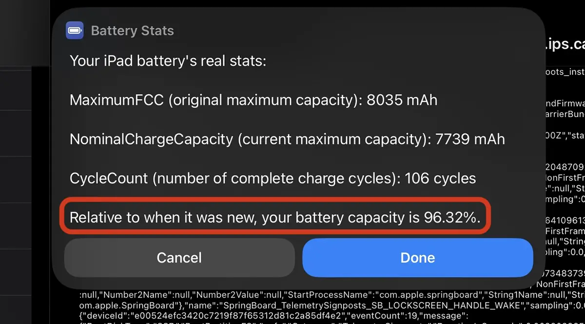 iPad Estatísticas da bateria