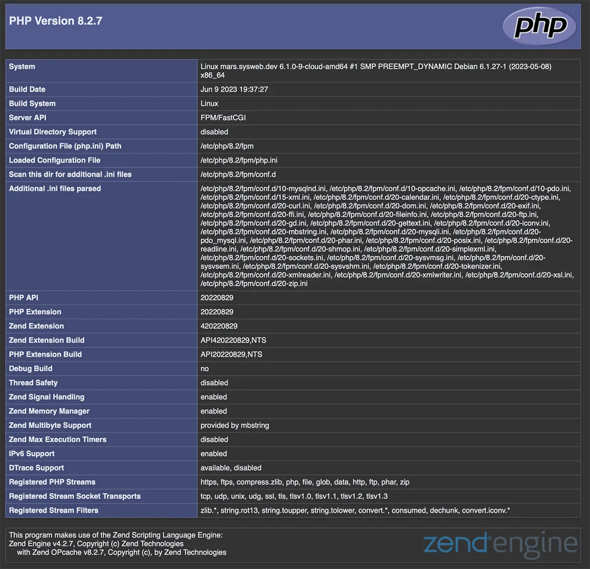Informations sur la version PHP