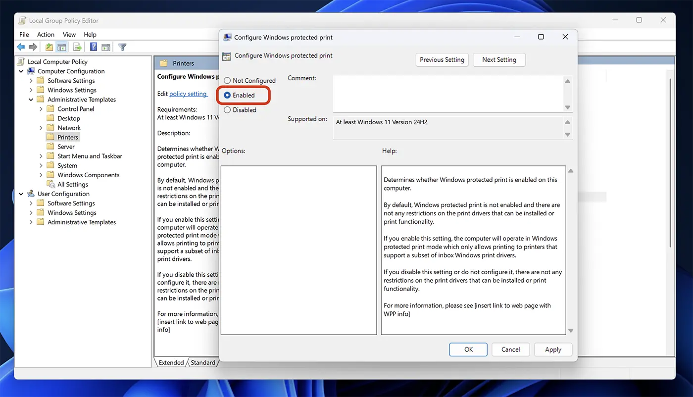 Umožniť Windows Protected Print Mode in Windows 11