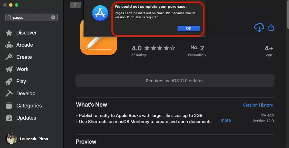 Numbers can't be installed on"macOS”Because macOS version 11 or later is required.