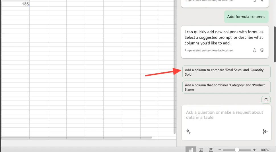 Click on a suggested prompt in Excel