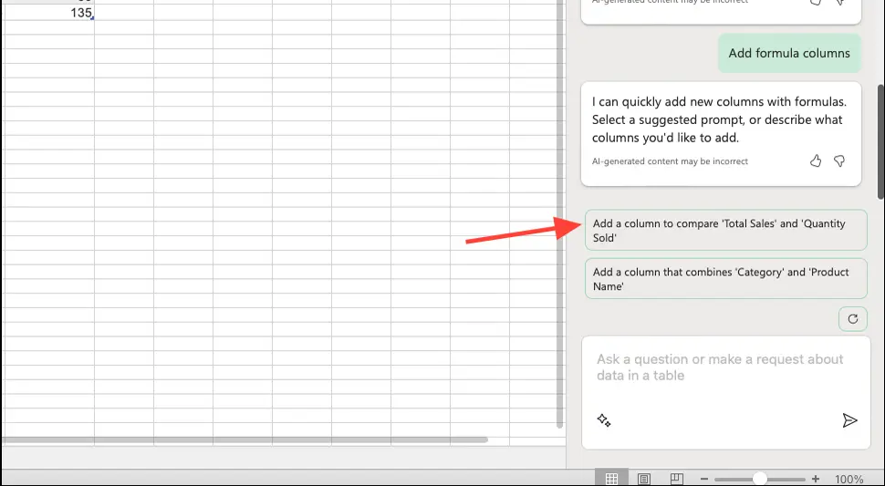 Klik pada prompt yang disarankan di Excel