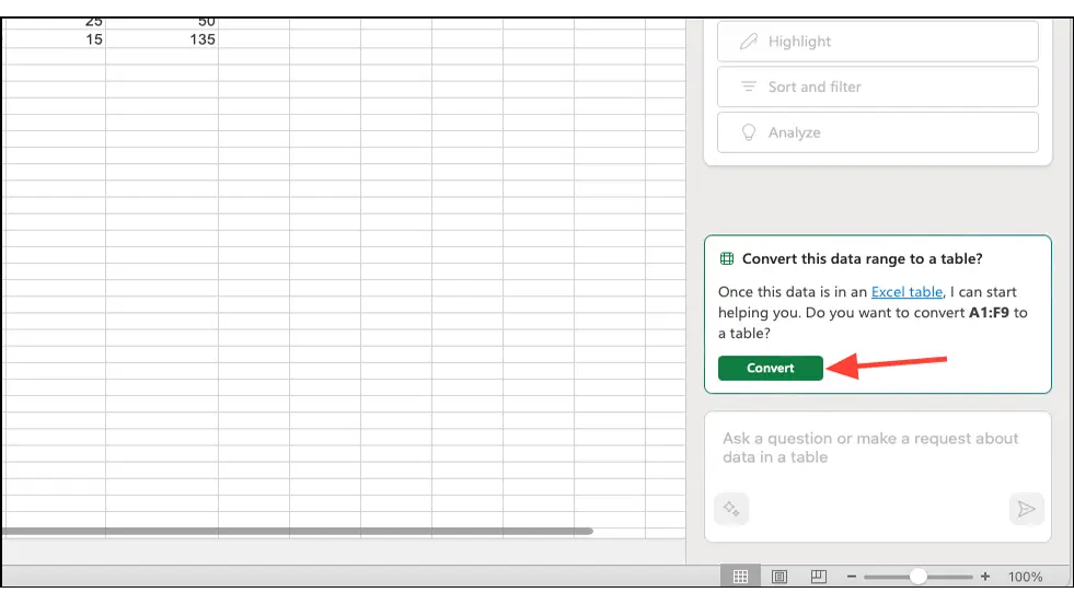 Convert Excel Table with Copilot