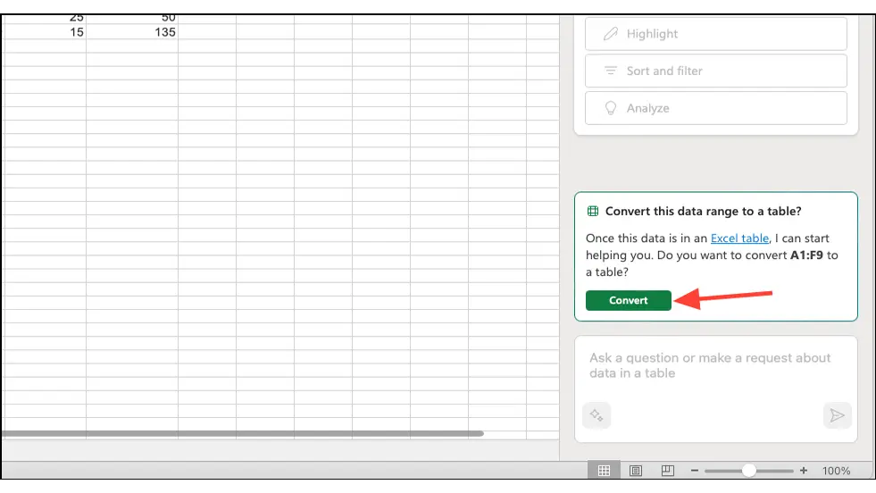 Copilot を使用した Excel テーブルの変換