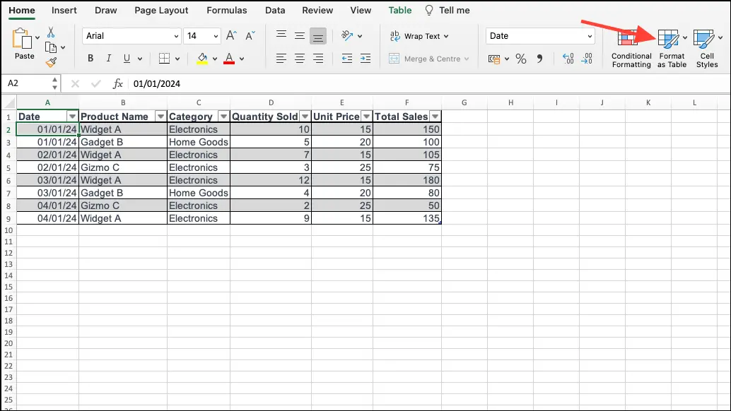 Format as Table in Excel