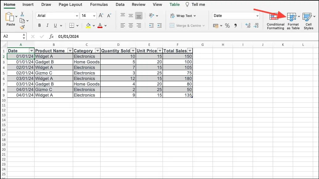 تنسيق كجدول في Excel