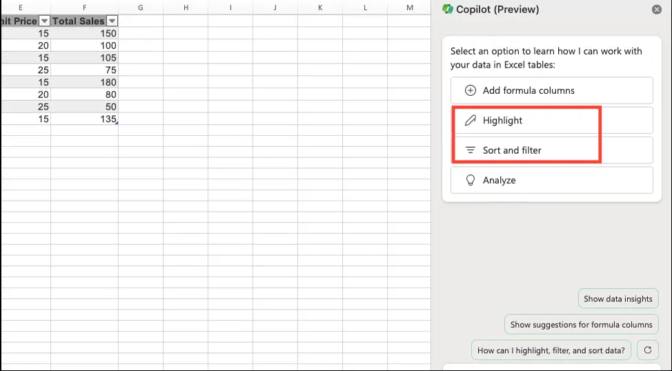 Highlight in Excel with Copilot