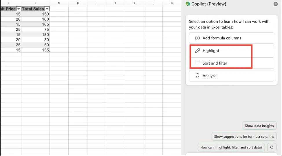 Evidenzia in Excel con Copilot