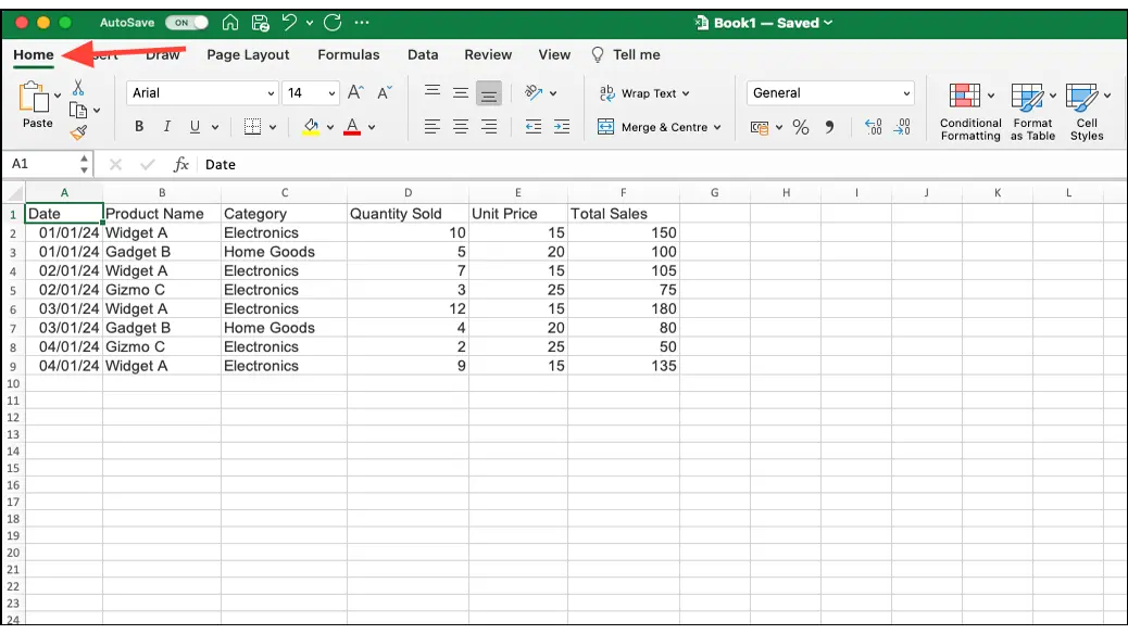 Open Home Tab in Excel
