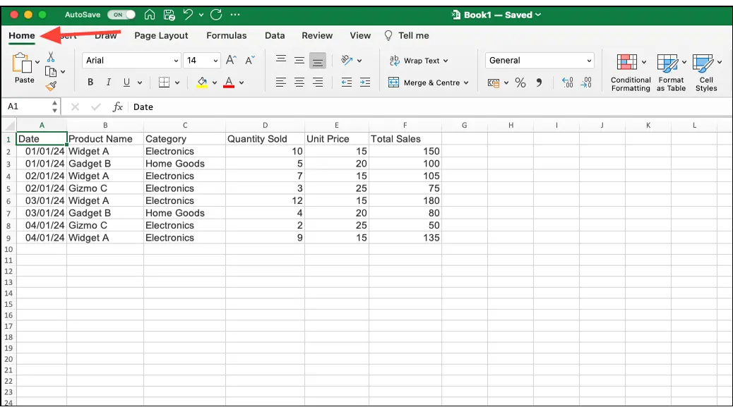 افتح علامة التبويب "الصفحة الرئيسية" في Excel