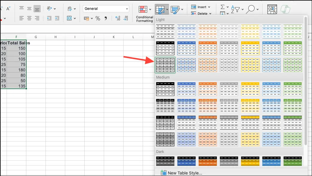 Sélectionnez un style de tableau