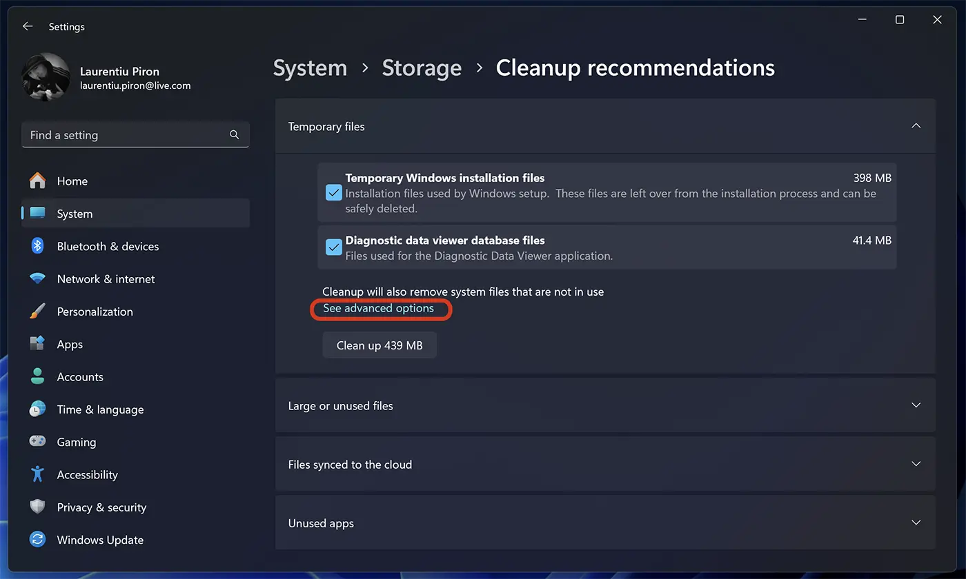 Disk Cleanup Advanced Options