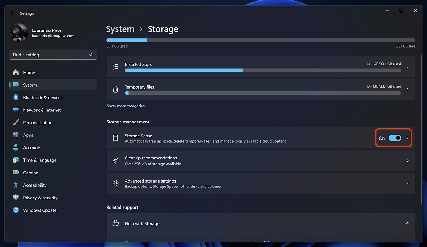 etkinleştirme Storage Sense in Windows 11