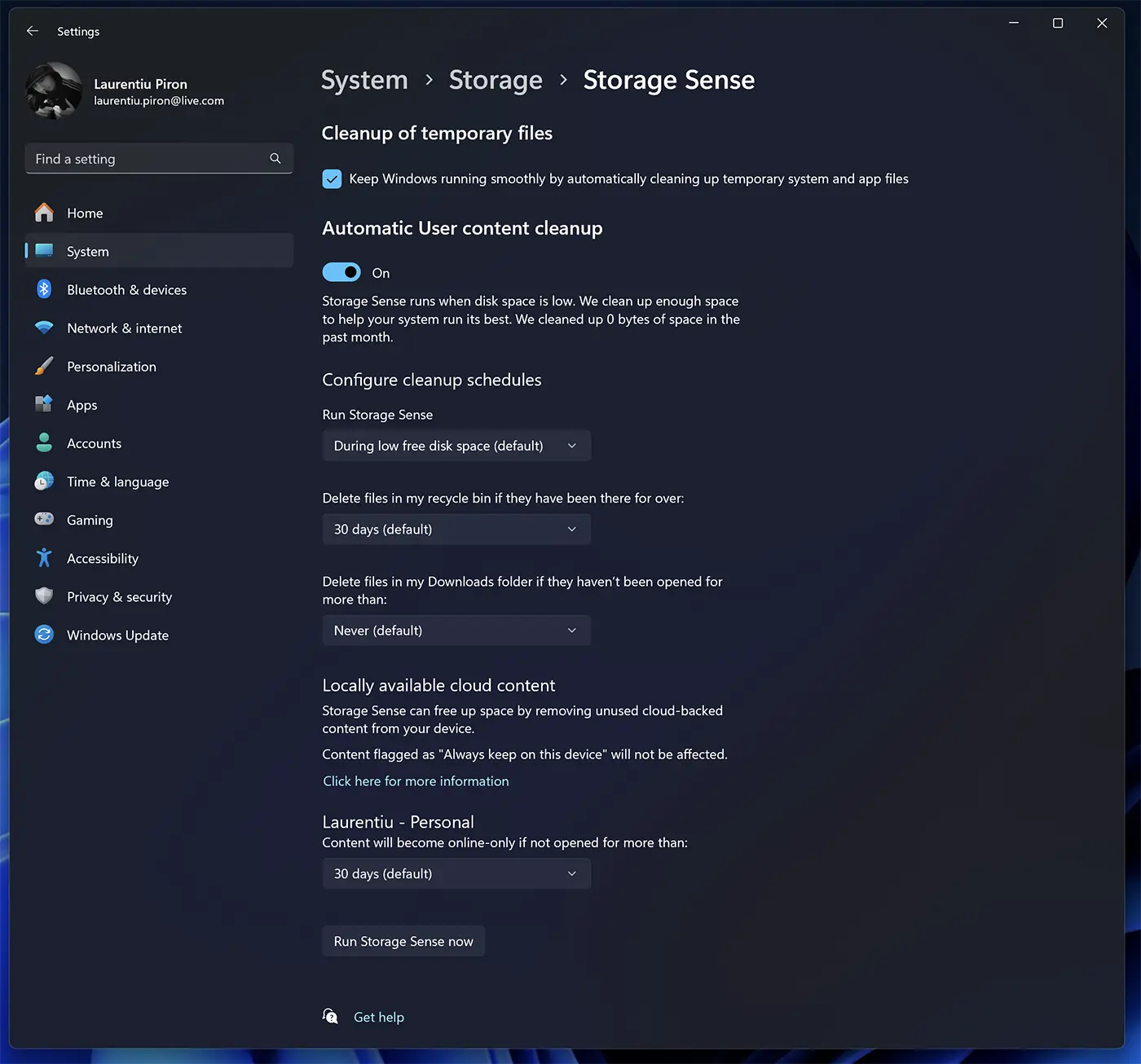 Storage Sense Settings in Windows 11