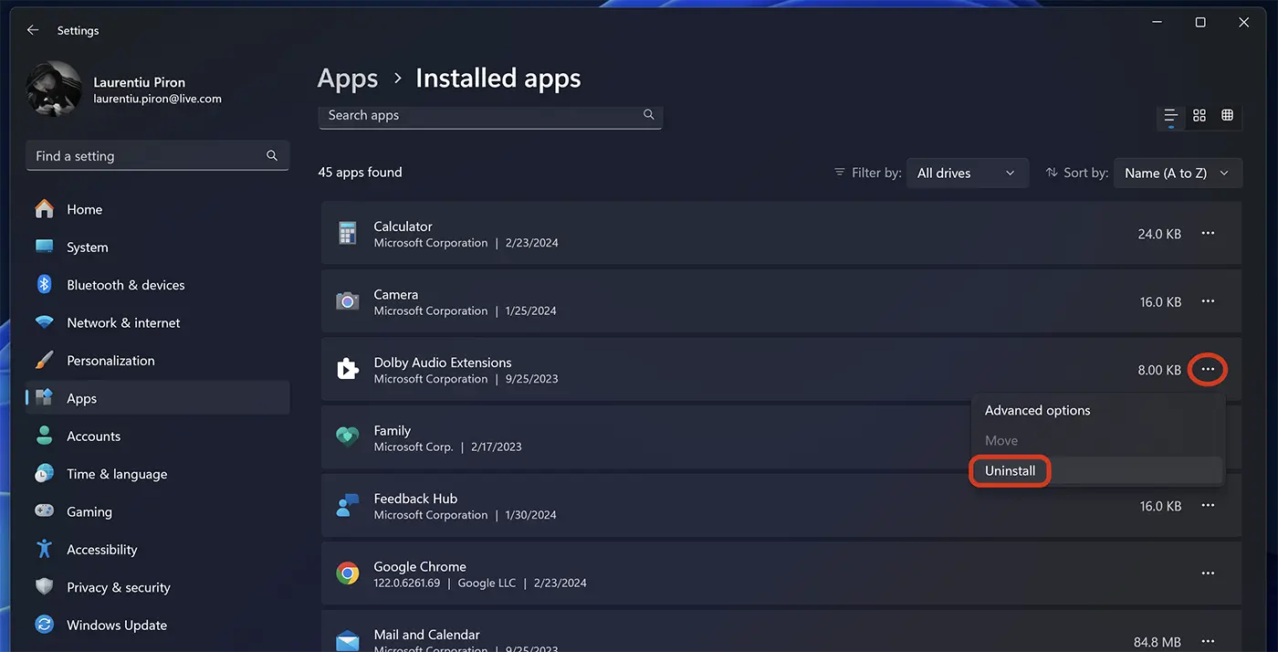 Uninstall Apps in Windows 11