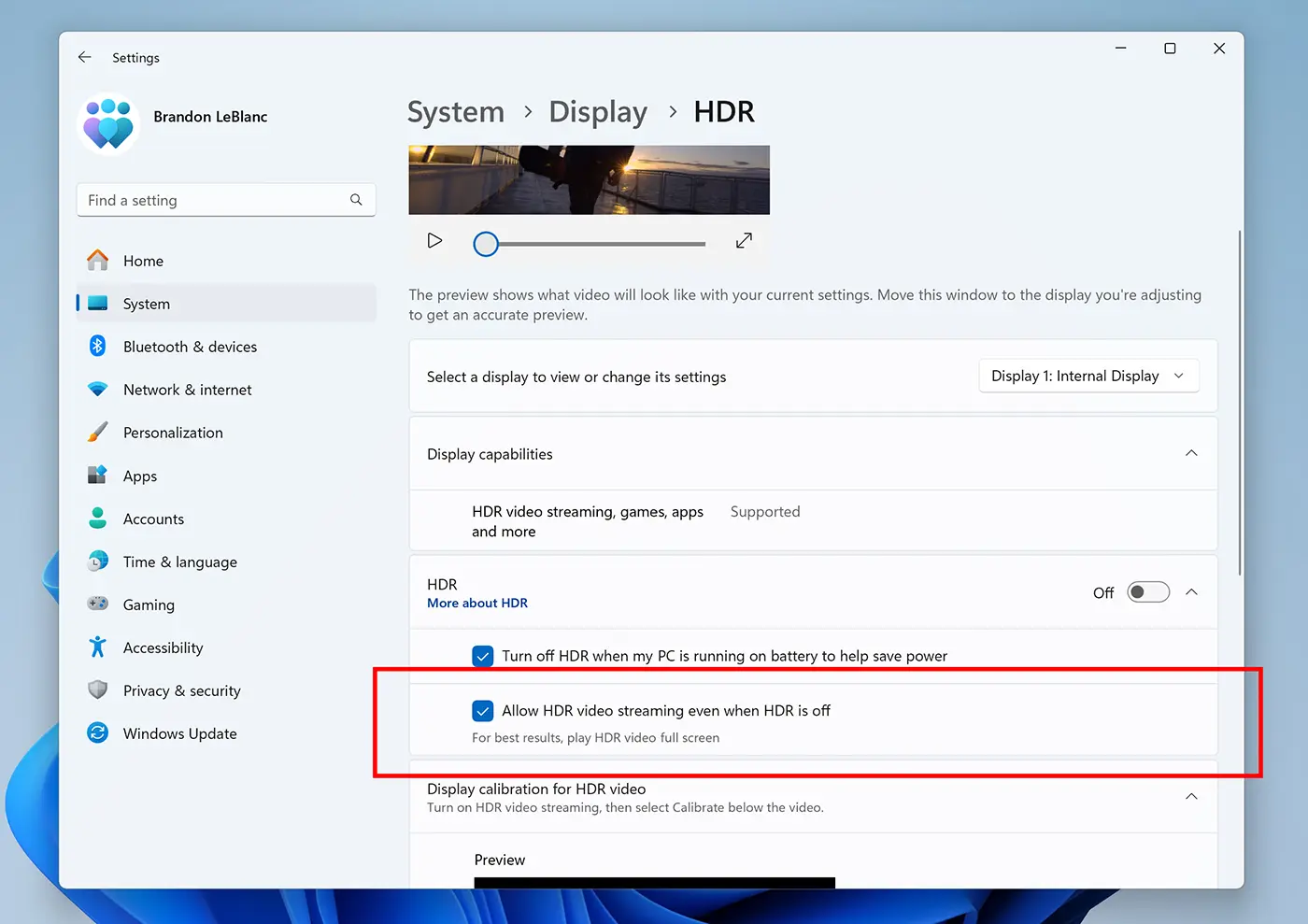 Allow HDR video streaming even when HDR is off in Build 27686